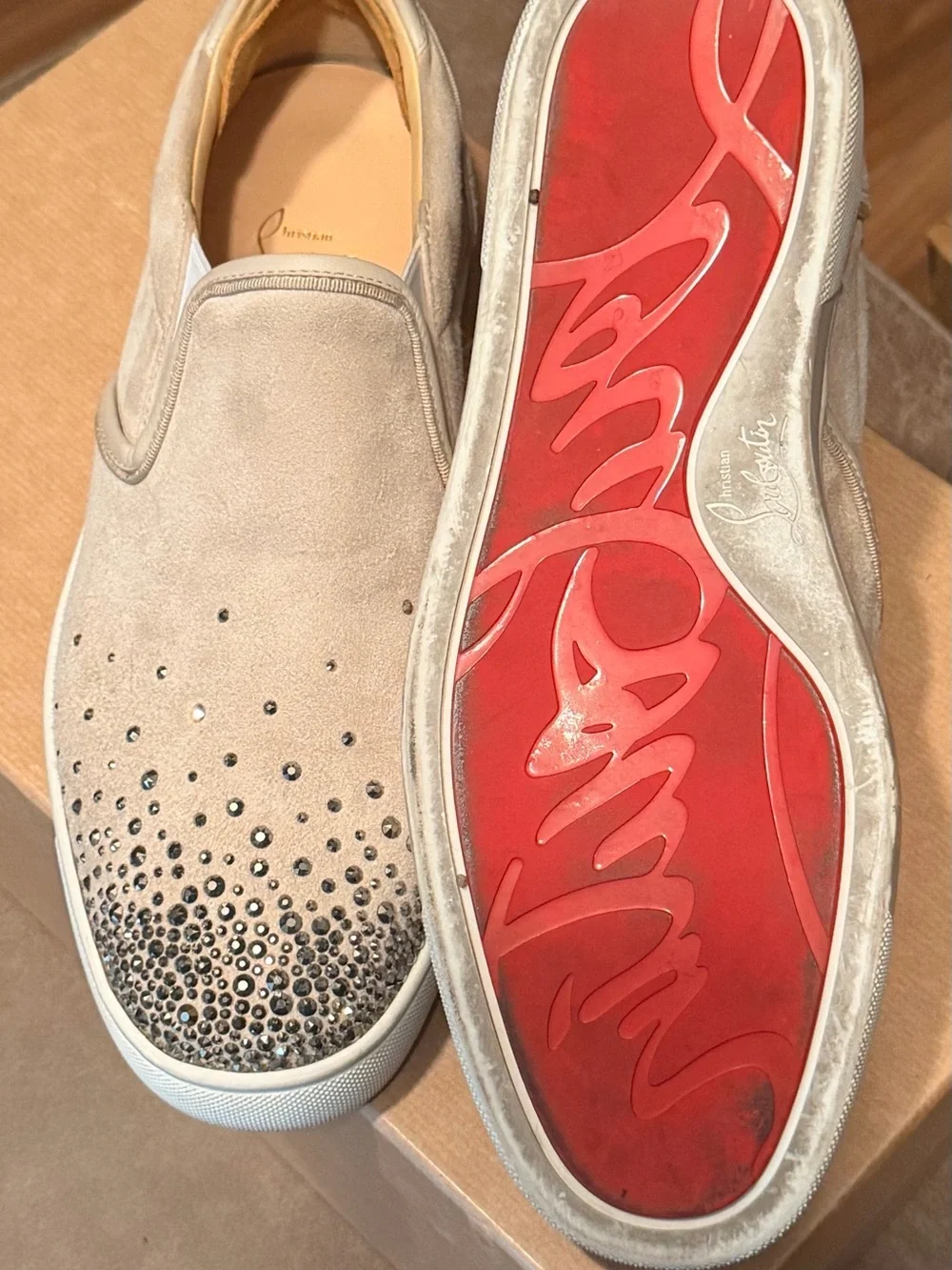 Christian Louboutin Beige Suede Slip-On Sneakers with Studded Toe